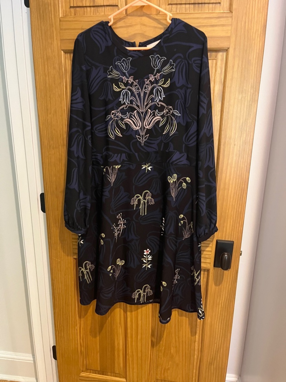 LOFT Black Long-Sleeve Floral Fit-and-Flare Dress